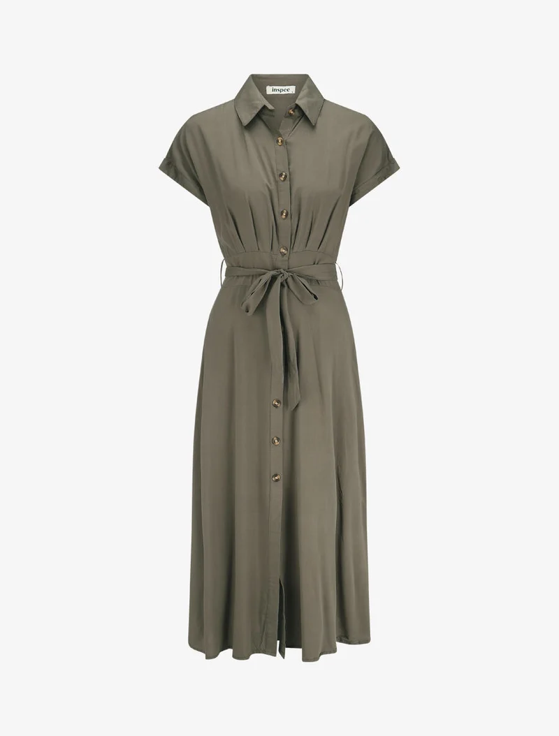 Langes, ausgestelltes, einfarbiges Hemdkleid - Kaki