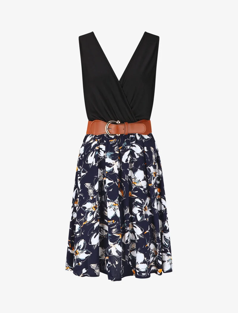 Ärmelloses, knielanges Kleid mit Blumenmuster - Marine