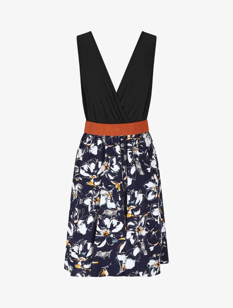 Ärmelloses, knielanges Kleid mit Blumenmuster - Marine