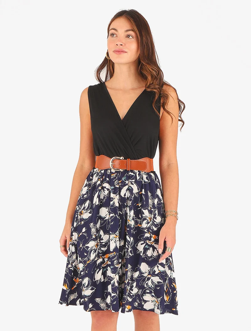Ärmelloses, knielanges Kleid mit Blumenmuster - Marine