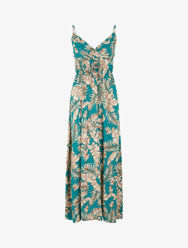 Langes Kleid mit Blätterdruck - Entenblau