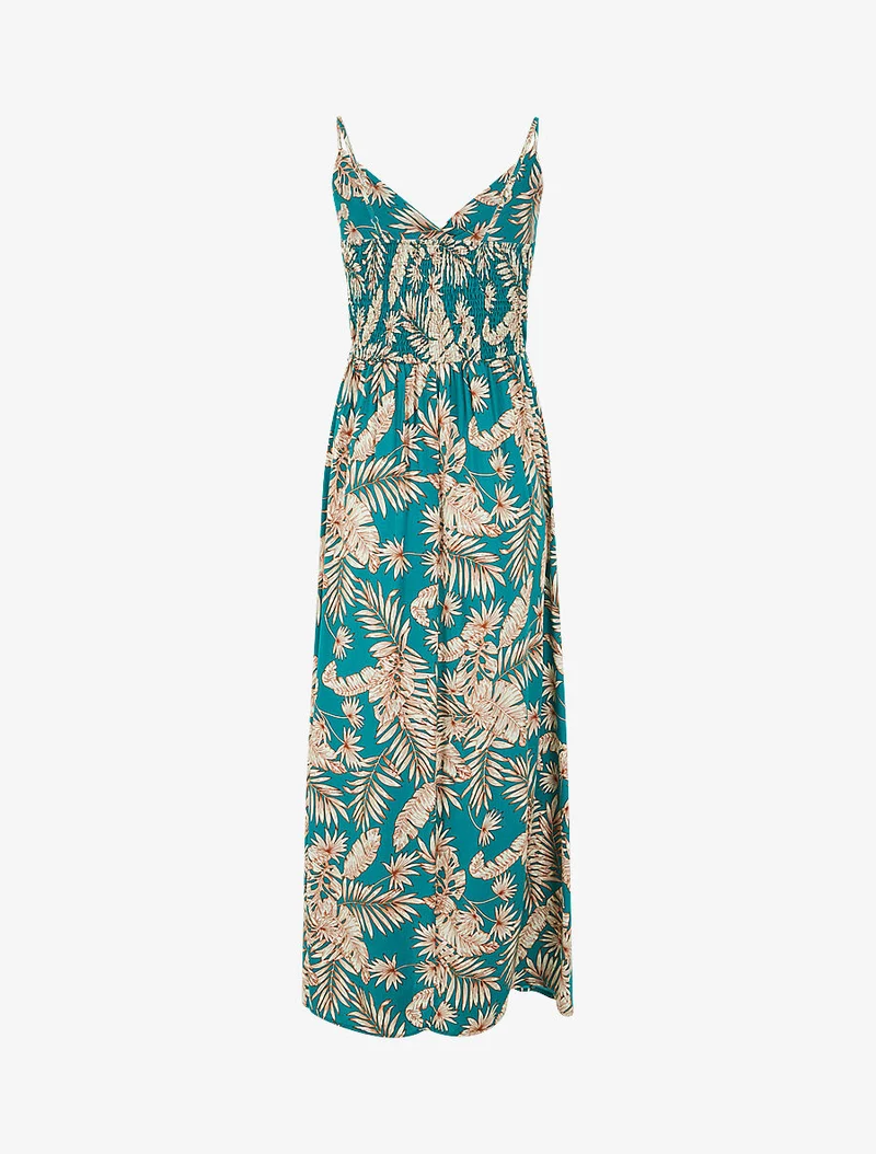 Langes Kleid mit Blätterdruck - Entenblau