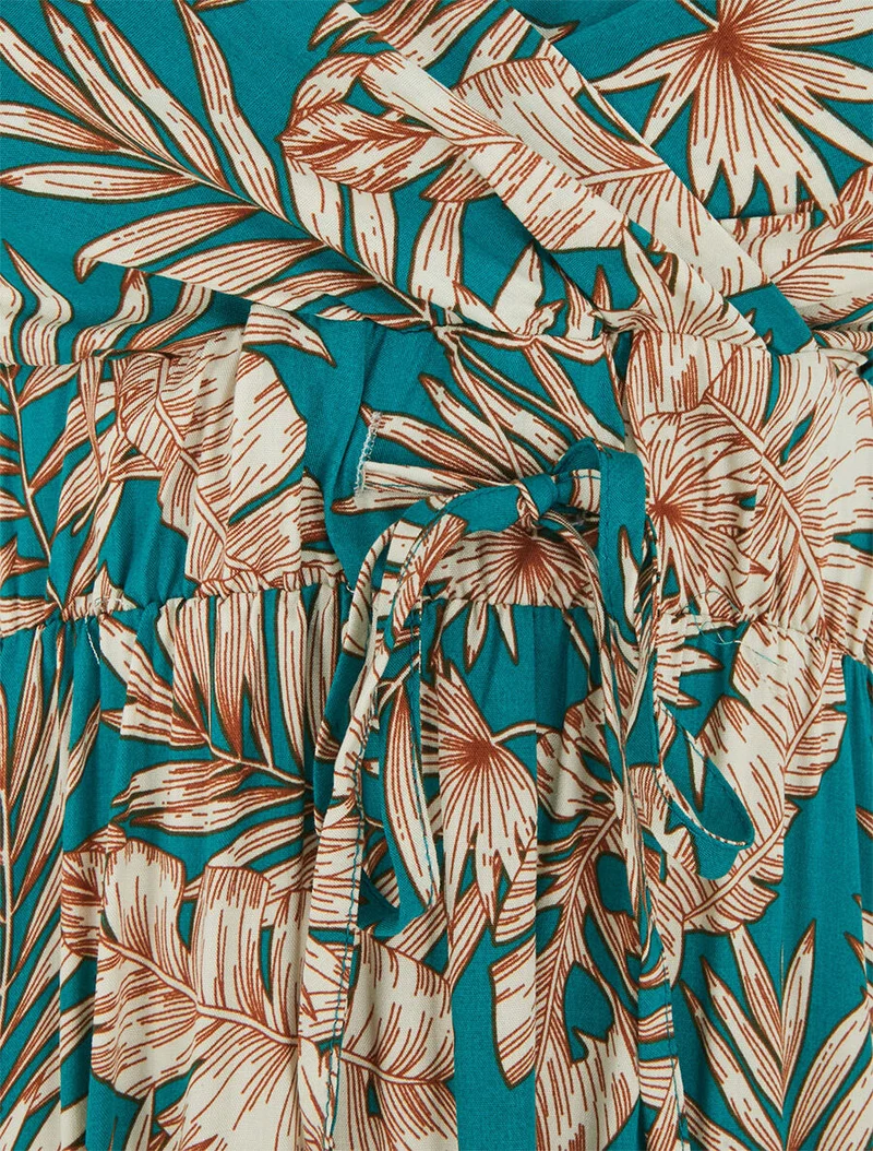 Langes Kleid mit Blätterdruck - Entenblau