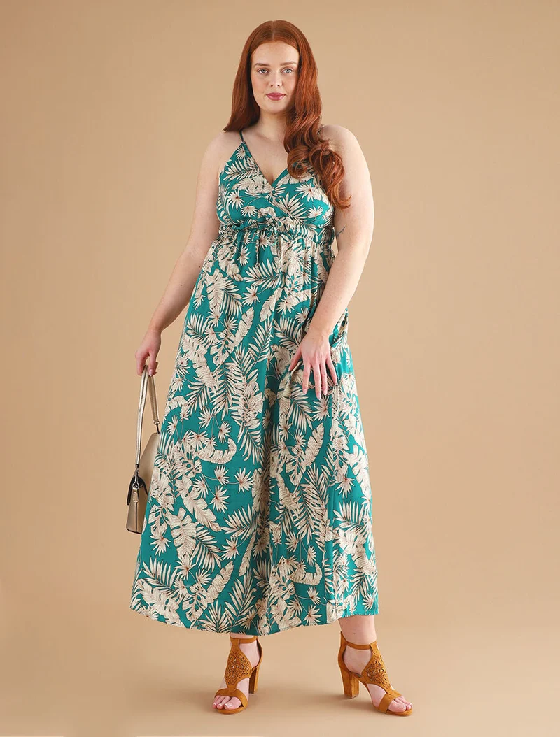 Langes Kleid mit Blätterdruck - Entenblau