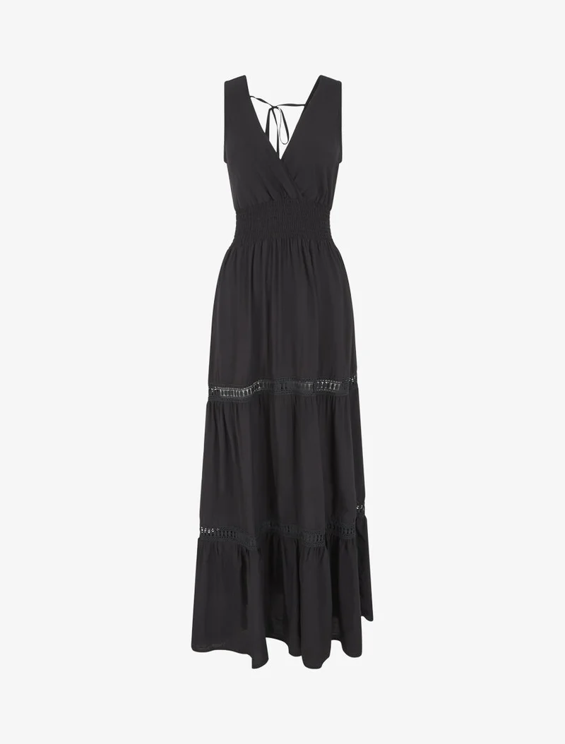 Langes Kleid mit elastischem Bund und Bindebändern - Schwarz