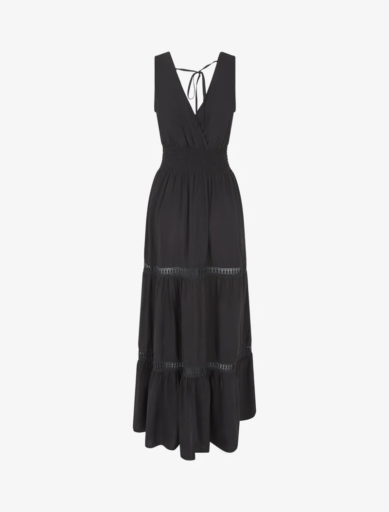 Langes Kleid mit elastischem Bund und Bindebändern - Schwarz
