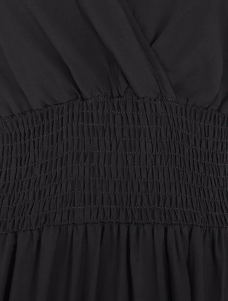Langes Kleid mit elastischem Bund und Bindebändern - Schwarz