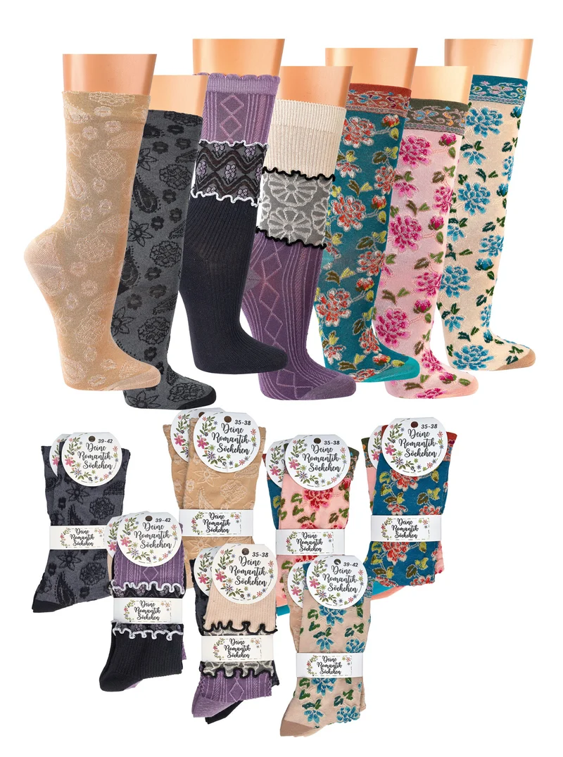 Landhaus Socken Damen mit romantischem Blumenmuster | Vintage | 2 Paar