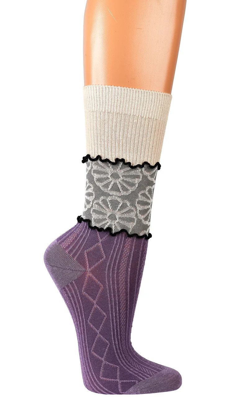Landhaus Socken Damen mit romantischem Blumenmuster | Vintage | 2 Paar