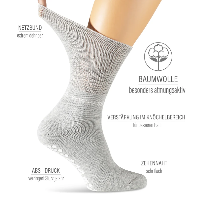 2 Paar ABS Diabetikersocken Stoppersocken mit extra dehnbarem Netz Bund