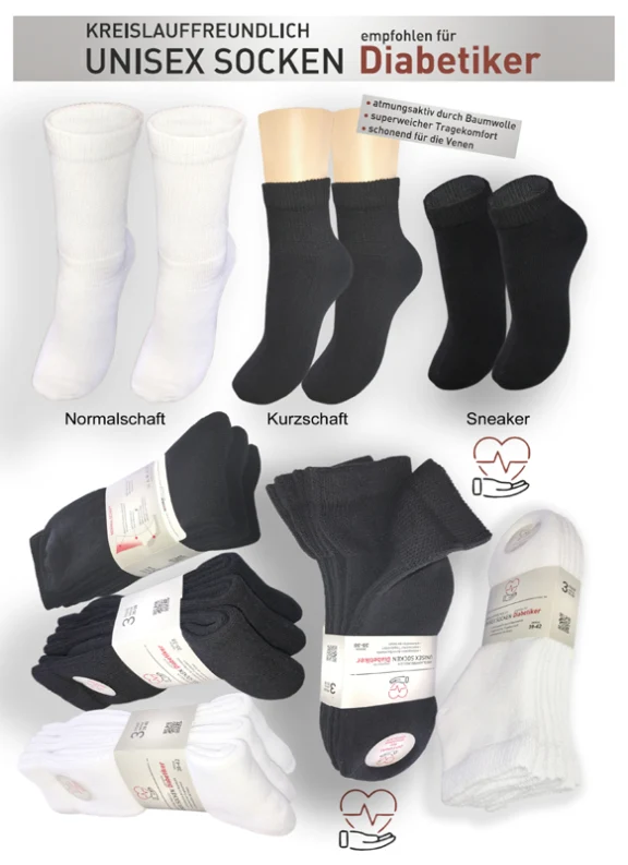 Für Diabetiker entwickelte Normalschaft Socken schwarz oder weiß 3 oder 6 Paar