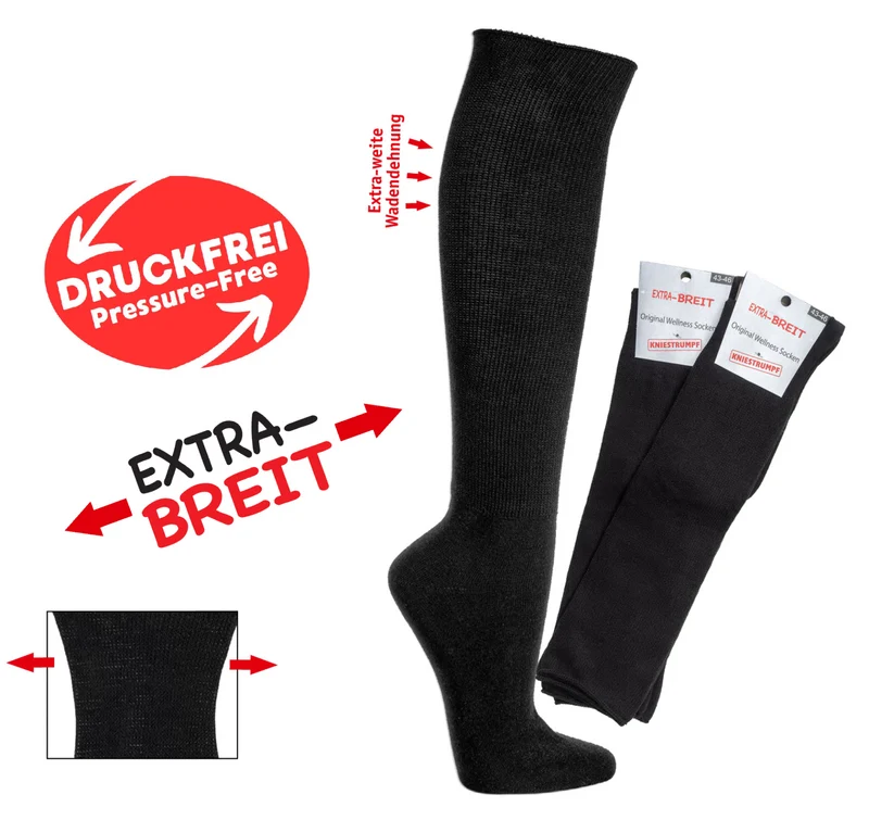 Extra weite Kniestrümpfe für Diabetiker ohne Gummi schwarz