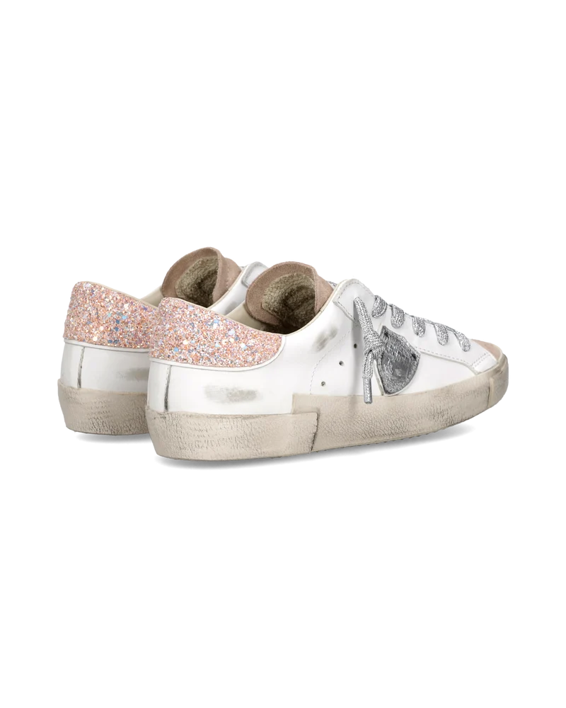 Sneakers Prsx Women with Glitter heel tab, White Pink Silver