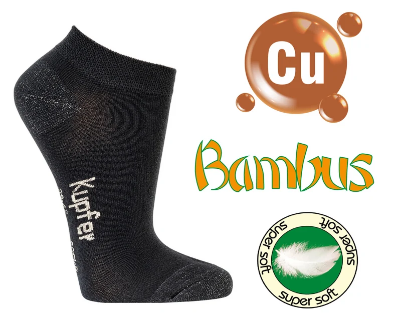 Bambus Viskose Sneaker Socken schwarz mit Kupfer in Spitze und Ferse 3-15 Paar