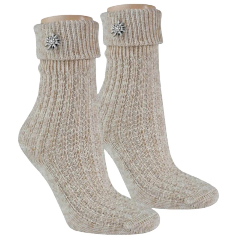 Trachtensocken natur mit Edelweiß Ansteckpin aus Baumwolle und Leinen