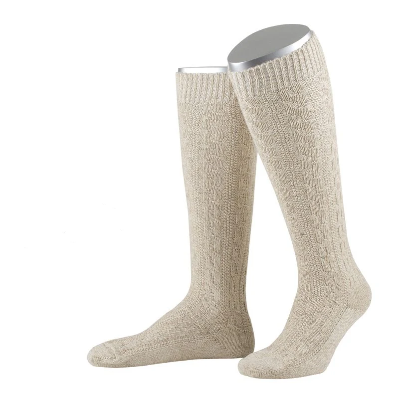 Trachtenkniestrumpf mit Zopfmuster in Beige aus Baumwolle und Leinen 1 Paar