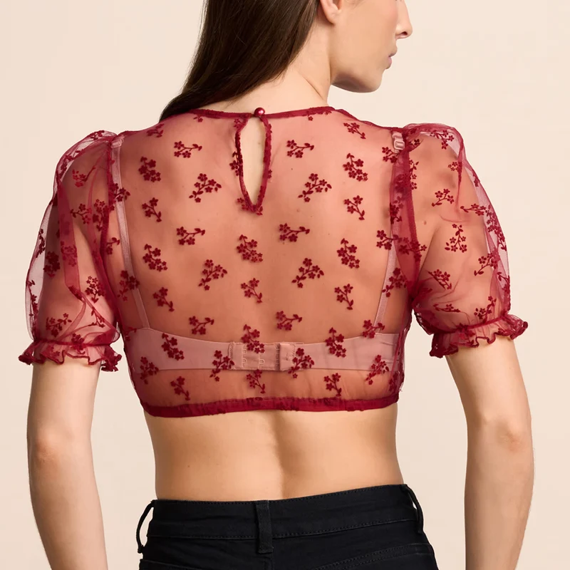 Krüger Dirndlbluse Henna Bordeaux Rot Transparent Puffarm