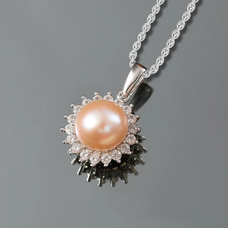 Pfirsich-Süßwasser Perle (8.5-9 mm), Weißer Zirkon Schmuckset ca. 50 cm 925 Silber rhodiniert