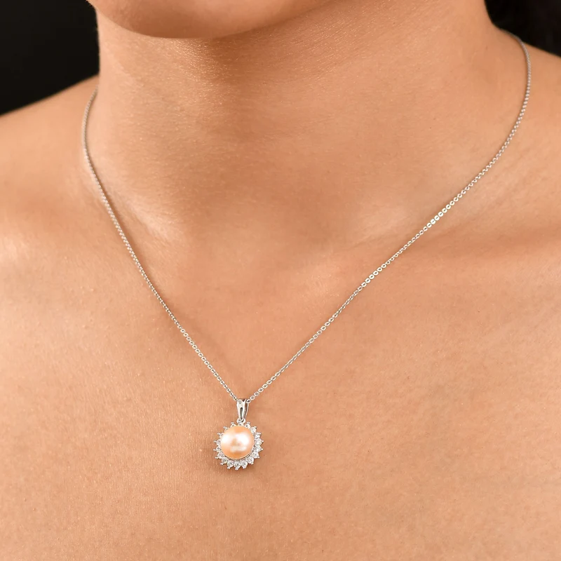 Pfirsich-Süßwasser Perle (8.5-9 mm), Weißer Zirkon Schmuckset ca. 50 cm 925 Silber rhodiniert