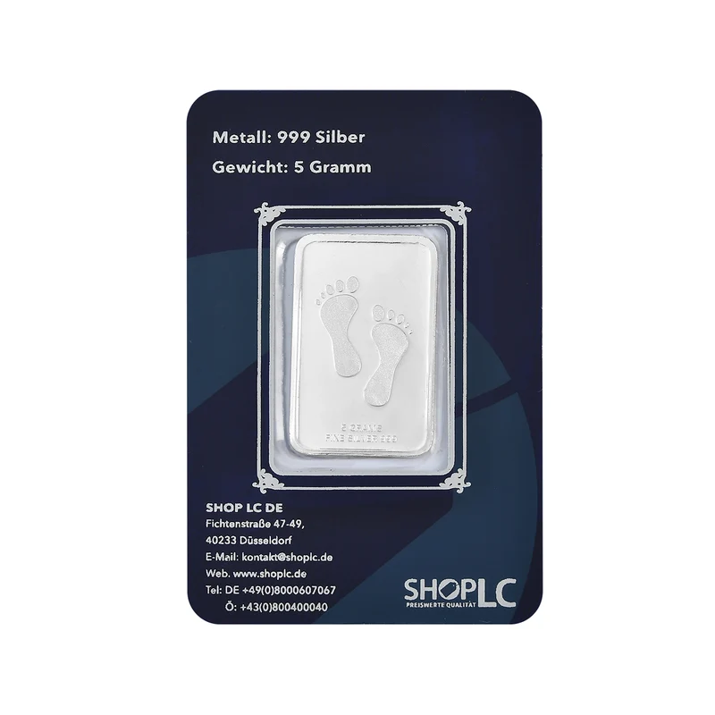 EXKLUSIVES GESCHENK - 999er Silber Fußabdrücke Silberbarren, 5,00g