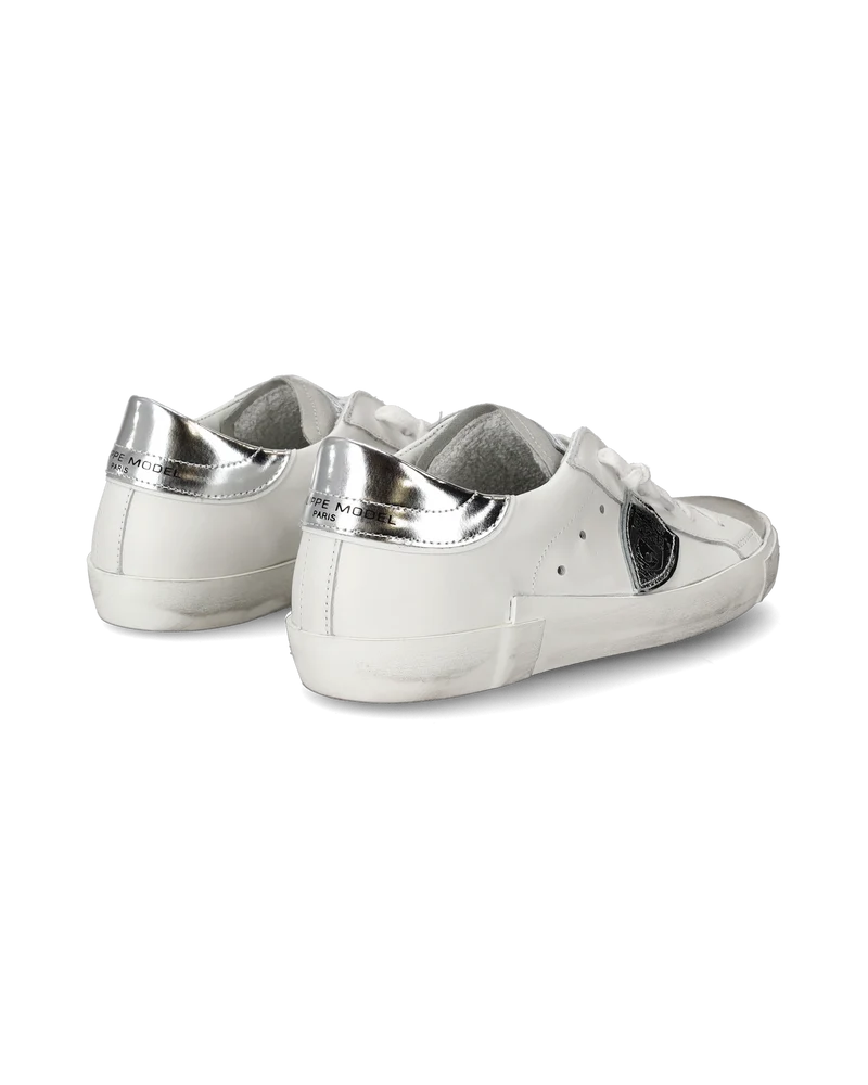Women's Prsx Low-Top Sneakers in Leather with metallic touches, Silver White