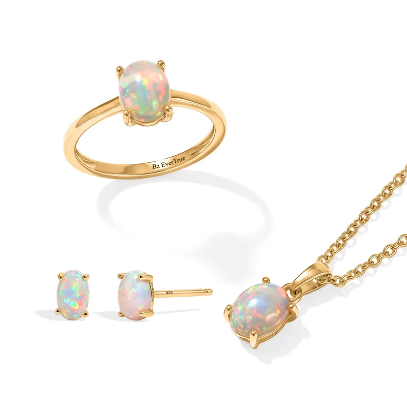 3er Set - EVER TRUE AAA Natürlicher, äthiopischer Welo Opal Anhänger mit Kette, Ohrringe und Ring, ca. 50 cm (Größe 21.00) ca. 2.25 ct