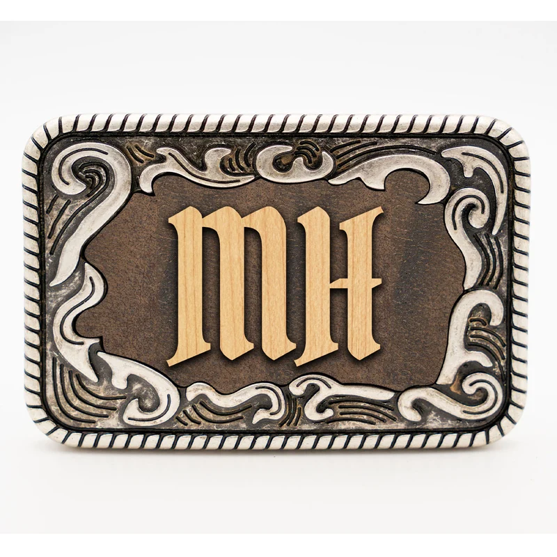 Gürtelschnalle mit Initialen Leder und Holz Kombination ab 1 Stk.