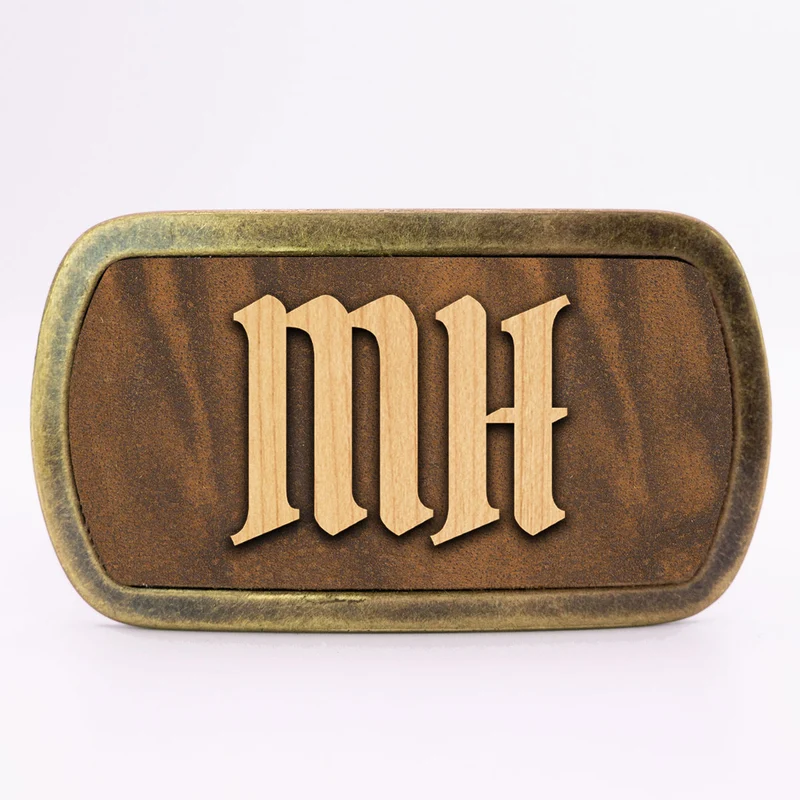 Gürtelschnalle mit Initialen Leder und Holz Kombination ab 1 Stk.