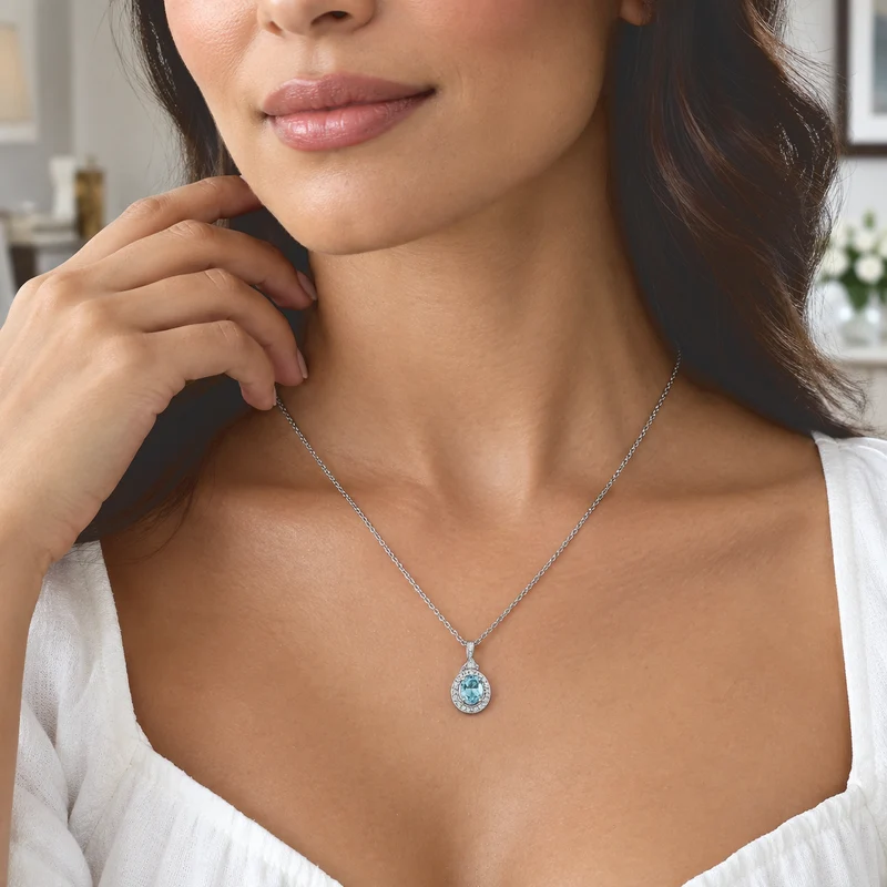 D'Joy AA Blauer Zirkon, Weißer Zirkon Anhänger mit Kette, ca. 50 cm 925 Silber Rhodiniert und Edelstahl Rhodiniert ca. 1.61 ct
