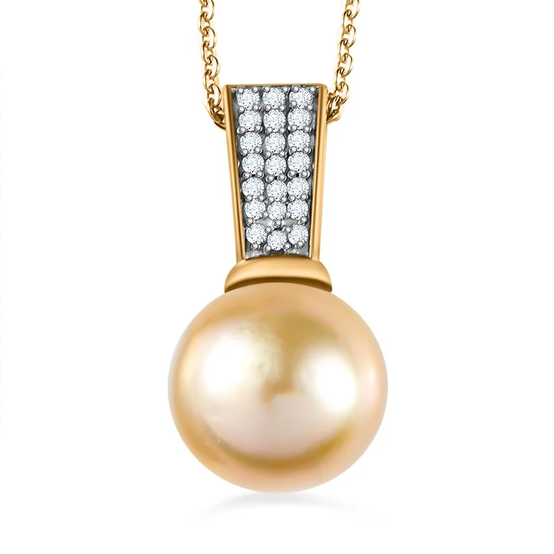 Goldene Südsee Perle, Weißer Zirkon Schmuckset 925 Silber Gelbgold Vermeil ca. 0.42 ct