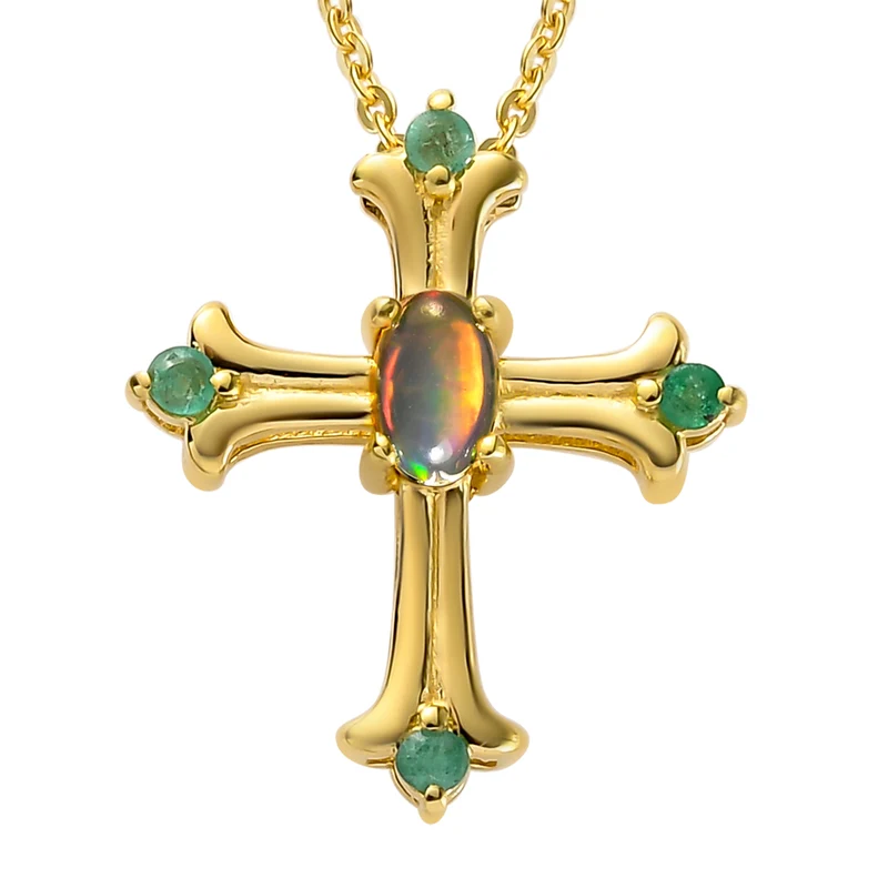 Natürlicher, äthiopischer Opal und Smaragd Kreuz-Anhänger mit Kette, ca. 40 cm, 925 Silber vergoldet ca. 0,22 ct