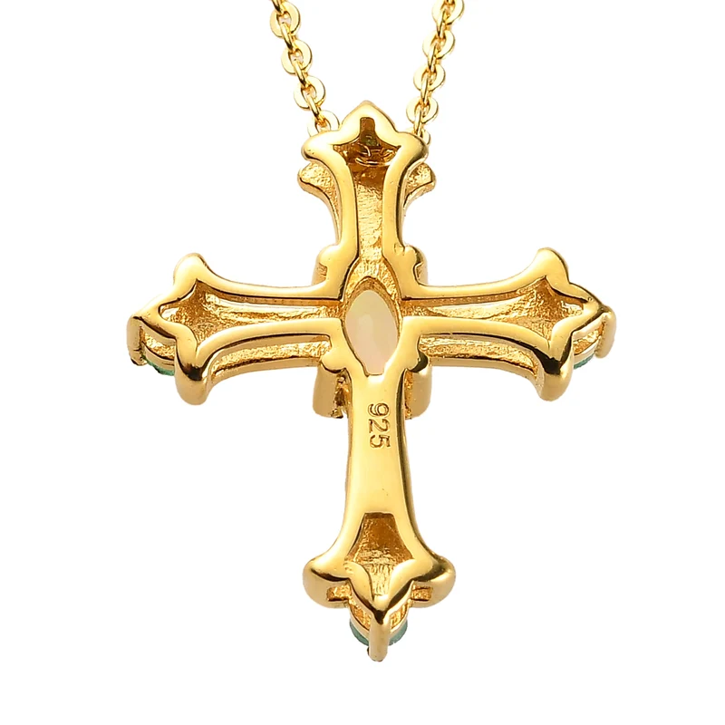 Natürlicher, äthiopischer Opal und Smaragd Kreuz-Anhänger mit Kette, ca. 40 cm, 925 Silber vergoldet ca. 0,22 ct