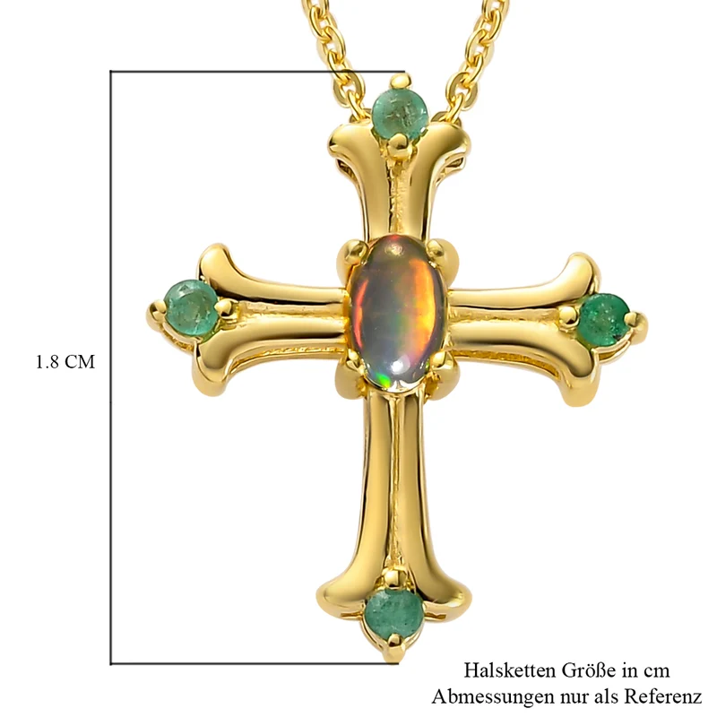 Natürlicher, äthiopischer Opal und Smaragd Kreuz-Anhänger mit Kette, ca. 40 cm, 925 Silber vergoldet ca. 0,22 ct