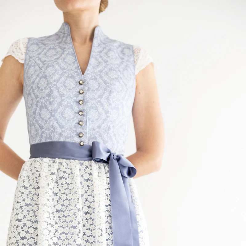 Alpenfee Dirndl Lara Hellblau 60cm Hochgeschlossen Blumenmuster