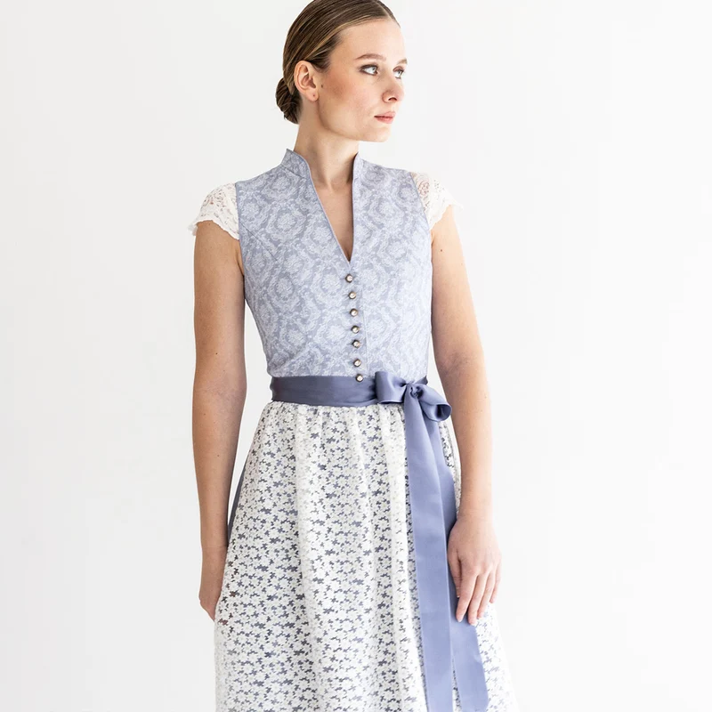 Alpenfee Dirndl Lara Hellblau 60cm Hochgeschlossen Blumenmuster