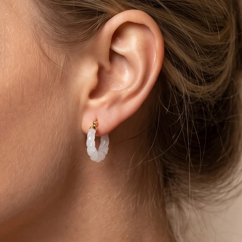 Weiße Jade Ohrringe 925 Silber Vergoldet ca. 25.00 ct