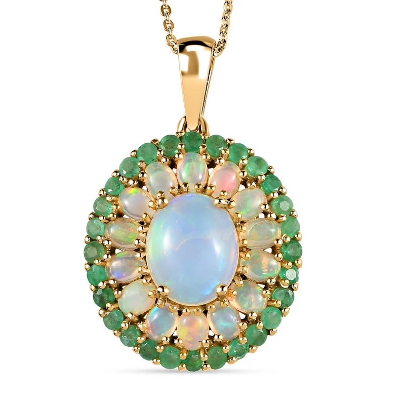 Natürliche, äthiopische Opal, Sambischer Smaragd Anhänger mit Kette, 925 Silber Gelbgold Vermeil, ca. 5.24 ct