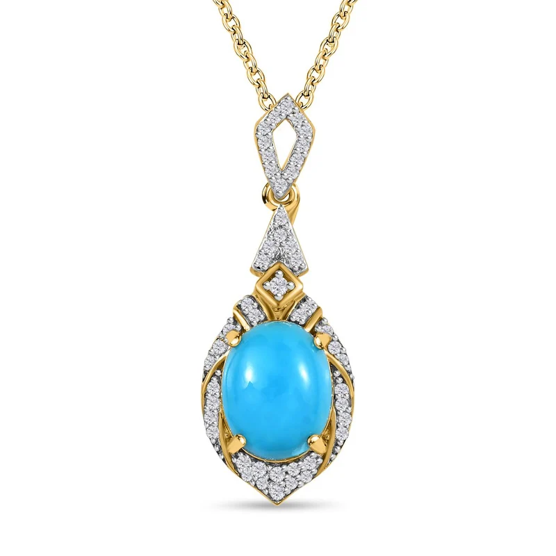 Amerikanischer, natürlicher Sleeping Beauty Türkis, weißer Zirkon Anhänger mit Kette, 925 Silber Gelbgold Vermeil ca. 3.21 ct