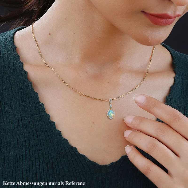 Natürlicher, äthiopischer Welo Opal, Weißer Zirkon Anhänger mit Kette, 925 Silber Gelbgold Vermeil, ca. 2.31 ct