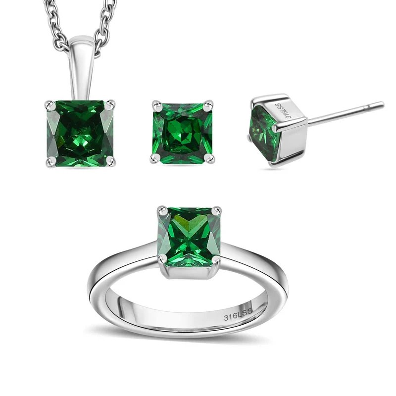 3er Set - Chromdiopsid Zirkonia Anhänger mit Kette, Ring und Ohrringe (Größe 21.00), Edelstahl