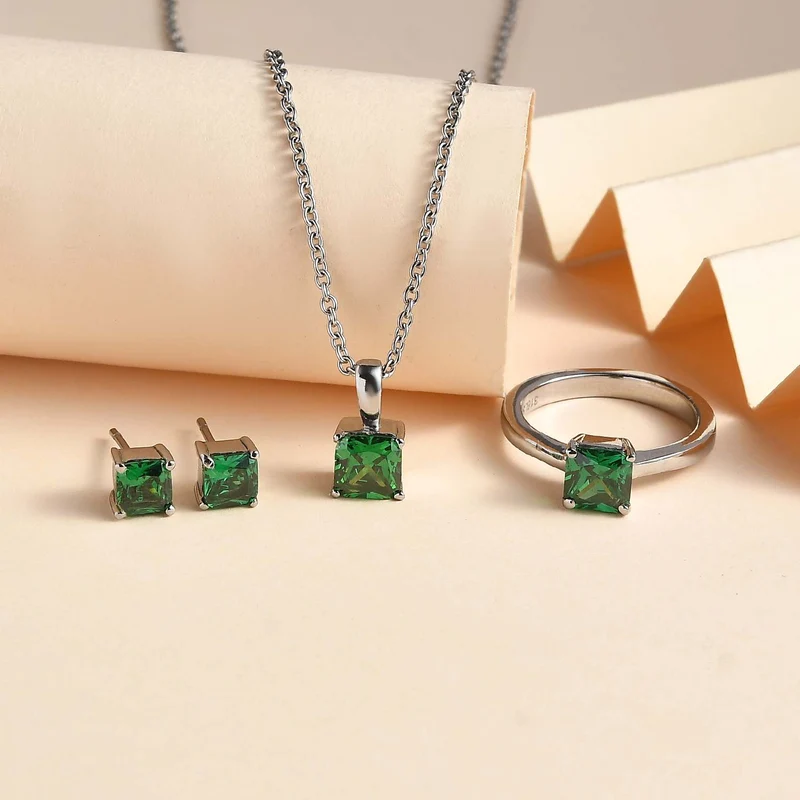 3er Set - Chromdiopsid Zirkonia Anhänger mit Kette, Ring und Ohrringe (Größe 21.00), Edelstahl