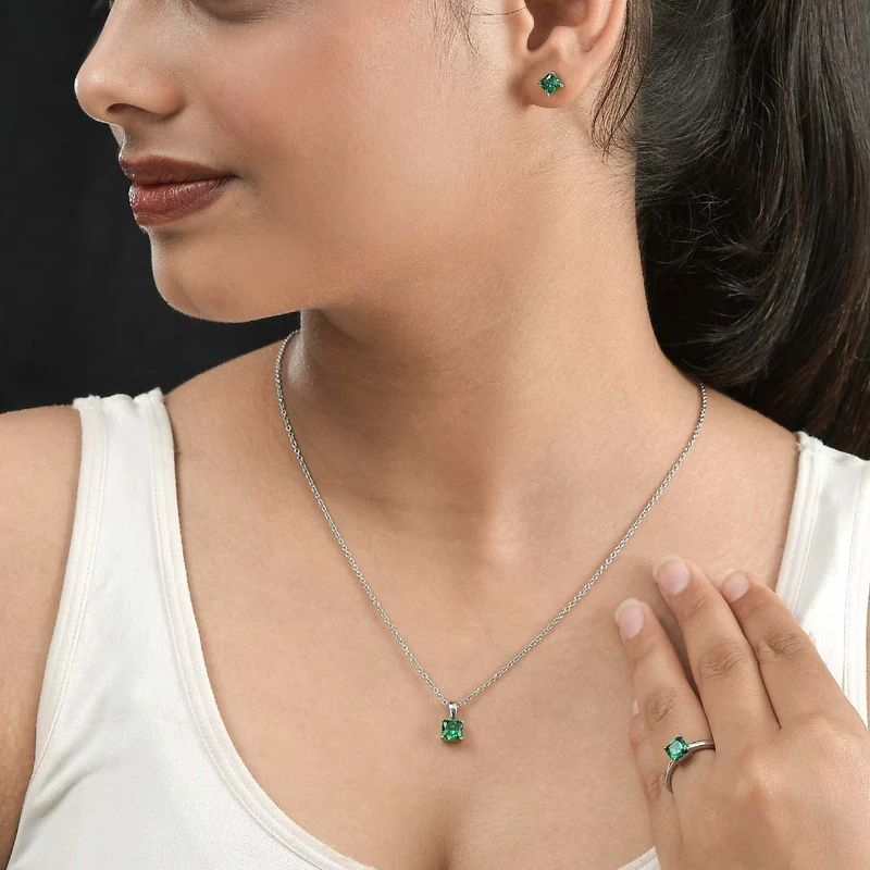 3er Set - Chromdiopsid Zirkonia Anhänger mit Kette, Ring und Ohrringe (Größe 21.00), Edelstahl