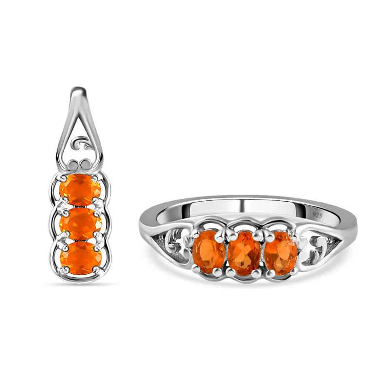 2er Set - Salamanca Feueropal-Ring und Anhänger, 925 Silber platiniert ca. 0.70 ct