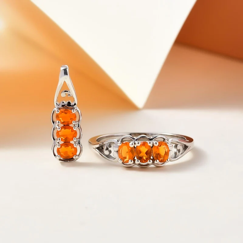 2er Set - Salamanca Feueropal-Ring und Anhänger, 925 Silber platiniert ca. 0.70 ct