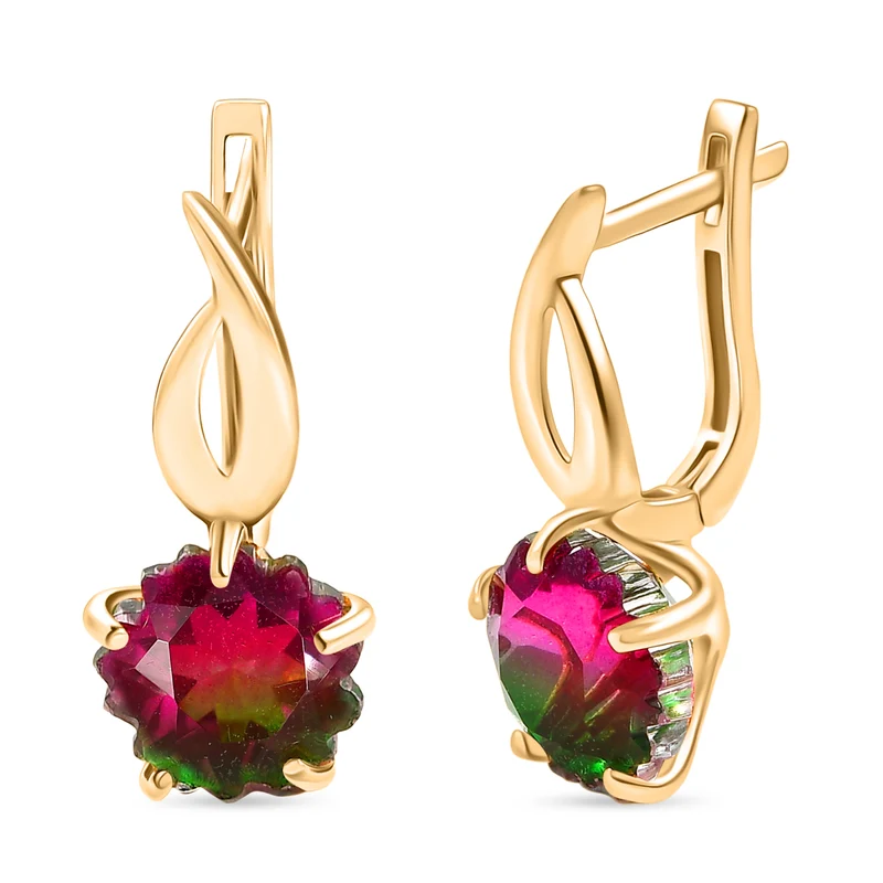 Bloom Flare - D joy Wassermelonen Quarz Triplette Ohrringe 925 Silber 750 Gelb Vergoldet (5-10 Werktage Lieferzeit) ca. 7,58 ct.