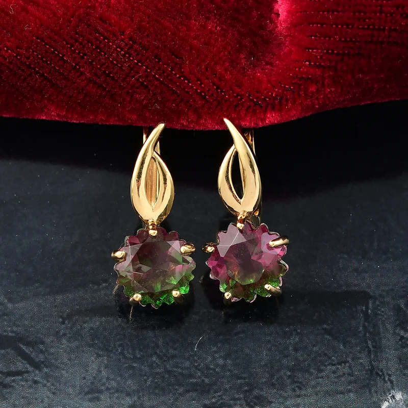 Bloom Flare - D joy Wassermelonen Quarz Triplette Ohrringe 925 Silber 750 Gelb Vergoldet (5-10 Werktage Lieferzeit) ca. 7,58 ct.