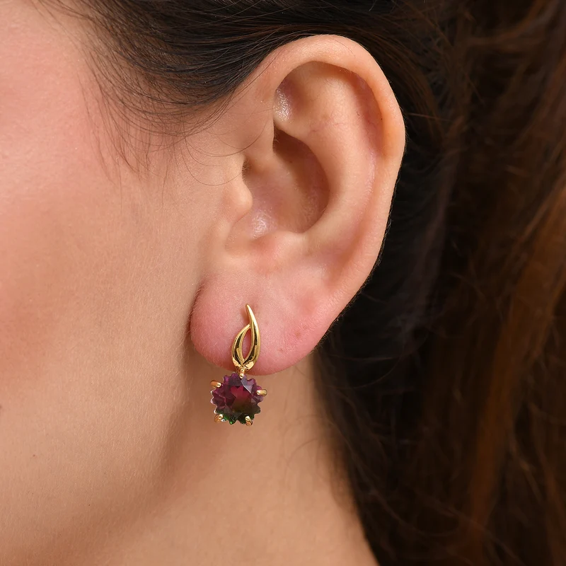 Bloom Flare - D joy Wassermelonen Quarz Triplette Ohrringe 925 Silber 750 Gelb Vergoldet (5-10 Werktage Lieferzeit) ca. 7,58 ct.