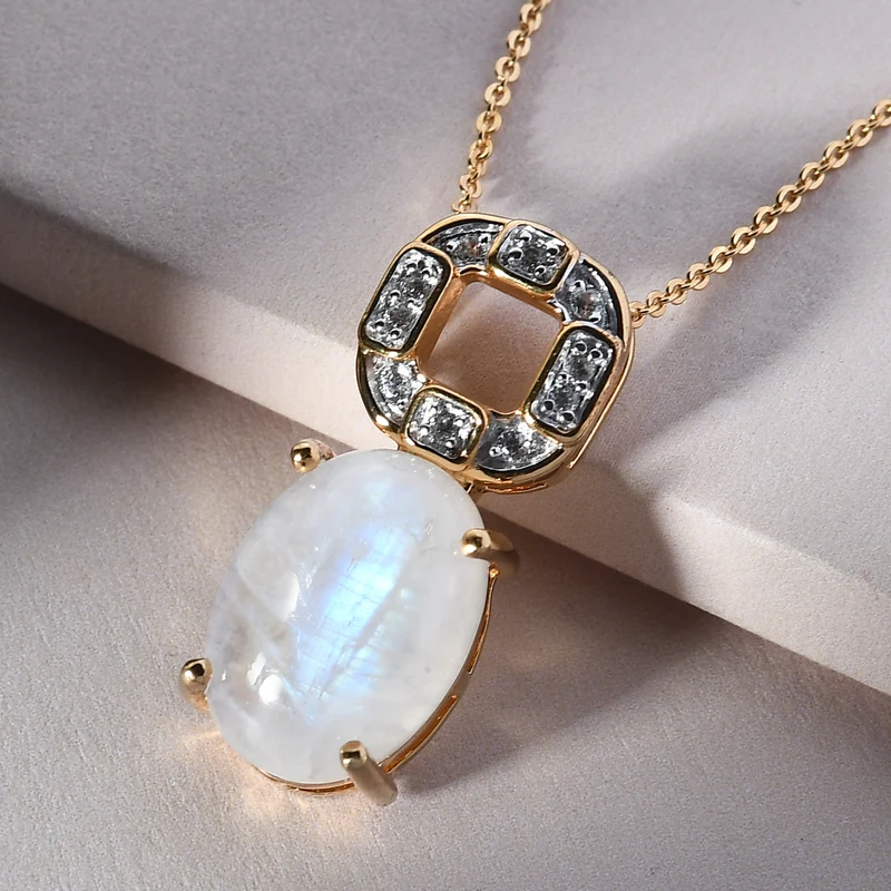 Premium Regenbogen Mondstein und Zirkon Anhänger mit kette 50 cm 25 Silber vergoldet ca. 8,38 ct