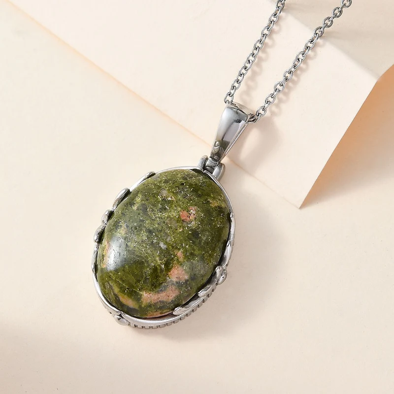 Unakite Anhänger mit Kette, Edelstahl, ca. 25.55 ct