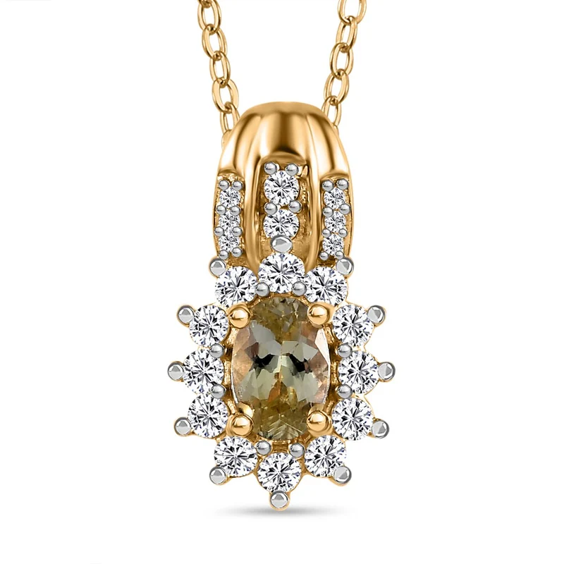 Natürlicher goldener Tansanit und weißer Zirkon Anhänger mit Kette, 925 Silber Gelbgold Vermeil ca. 0.85 ct